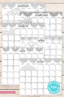 2023 Monday Start Monthly Calendars Printable, Monthly Planner Template, mandala coloring Designs, Bullet Journal, Sunday, INSTANT DOWNLOAD