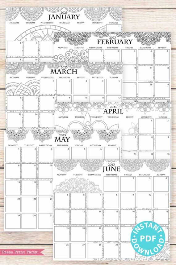 2023 Monday Start Monthly Calendars Printable, Monthly Planner Template, mandala coloring Designs, Bullet Journal, Sunday, INSTANT DOWNLOAD