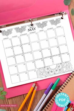2023 Monday Start Monthly Calendars Printable, Monthly Planner Template, mandala coloring Designs, Bullet Journal, Sunday, INSTANT DOWNLOAD