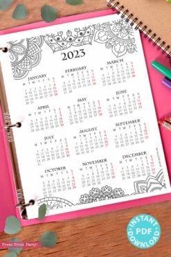 monday start for europe mandala coloring one page calendar yearly calendar sunday bullet journal Press Print Party