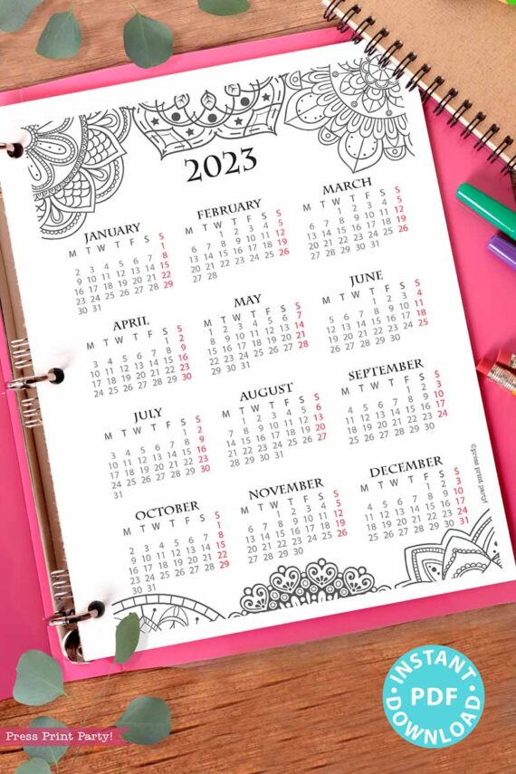 monday start for europe mandala coloring one page calendar yearly calendar sunday bullet journal Press Print Party