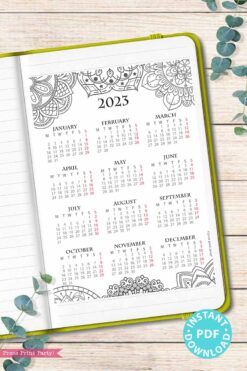 monday start for europe mandala coloring one page calendar yearly calendar sunday bullet journal Press Print Party