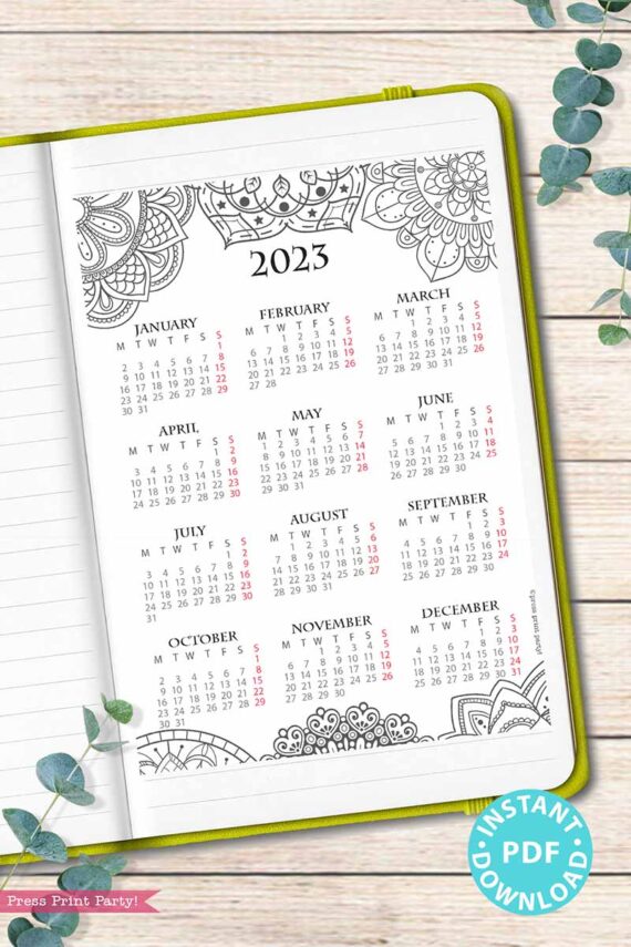 monday start for europe mandala coloring one page calendar yearly calendar sunday bullet journal Press Print Party
