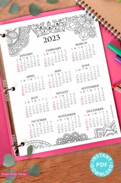mandala coloring one page calendar yearly calendar sunday bullet journal Press Print Party