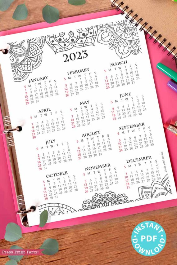 mandala coloring one page calendar yearly calendar sunday bullet journal Press Print Party