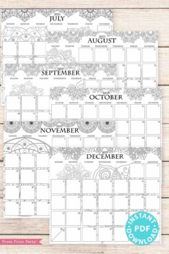 2023 Monthly Calendars Printable, Monthly Planner Template, mandala coloring Designs, Bullet Journal, Sunday, INSTANT DOWNLOAD