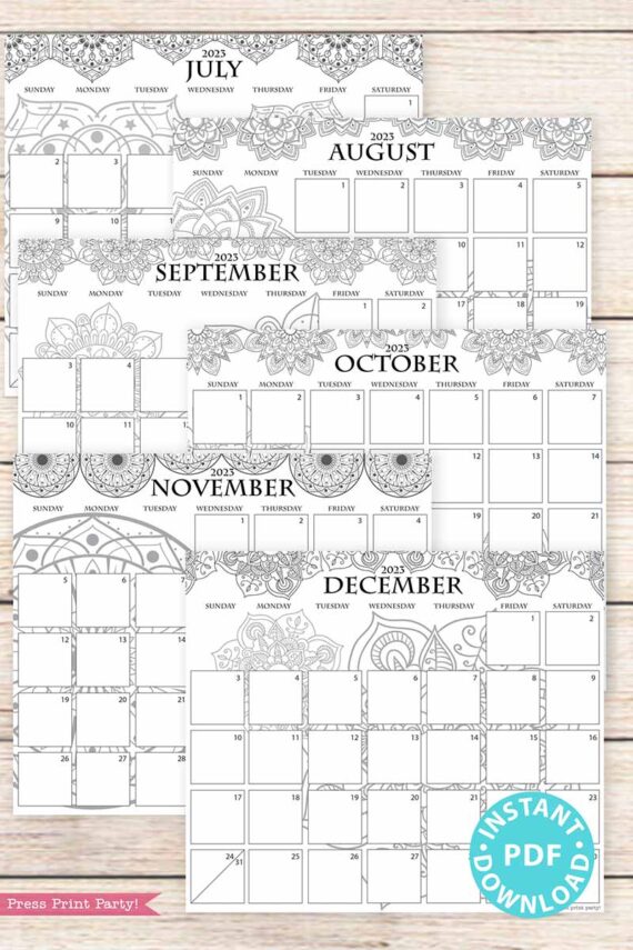 2023 Monthly Calendars Printable, Monthly Planner Template, mandala coloring Designs, Bullet Journal, Sunday, INSTANT DOWNLOAD