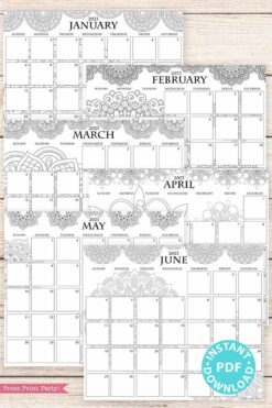 2023 Monthly Calendars Printable, Monthly Planner Template, mandala coloring Designs, Bullet Journal, Sunday, INSTANT DOWNLOAD