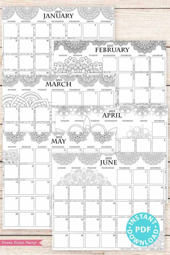 2023 Monthly Calendars Printable, Monthly Planner Template, mandala coloring Designs, Bullet Journal, Sunday, INSTANT DOWNLOAD