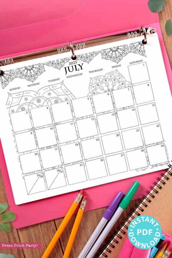 2023 Monthly Calendars Printable, Monthly Planner Template, mandala coloring Designs, Bullet Journal, Sunday, INSTANT DOWNLOAD