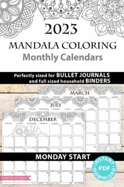 2023 Monday Start Monthly Calendars Printable, Monthly Planner Template, mandala coloring Designs, Bullet Journal, Sunday, INSTANT DOWNLOAD