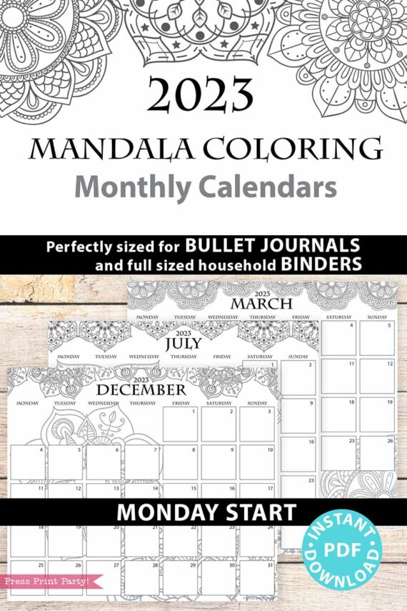 2023 Monday Start Monthly Calendars Printable, Monthly Planner Template, mandala coloring Designs, Bullet Journal, Sunday, INSTANT DOWNLOAD