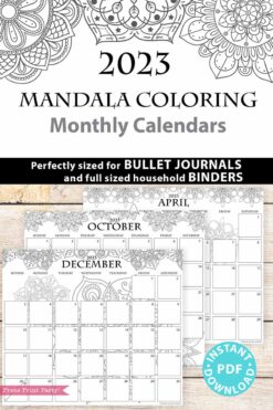 2023 Monthly Calendars Printable, Monthly Planner Template, mandala coloring Designs, Bullet Journal, Sunday, INSTANT DOWNLOAD