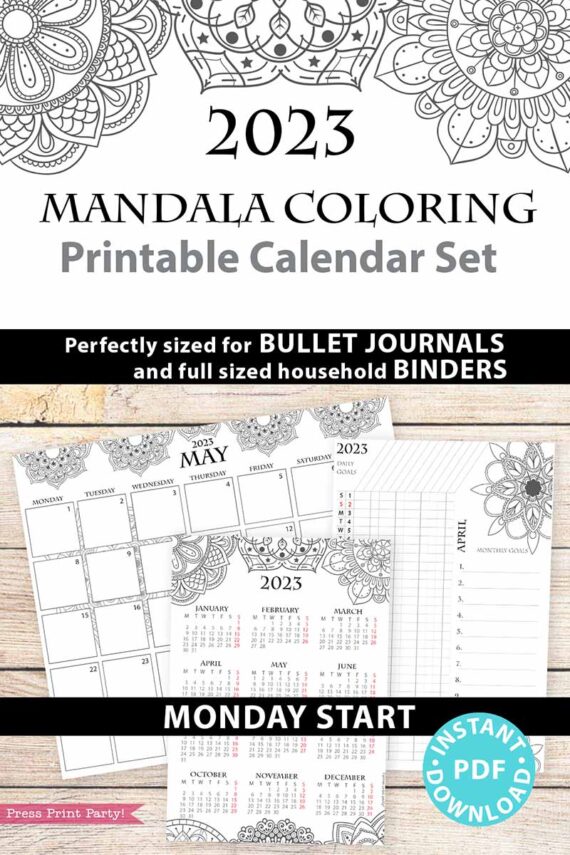 2023 monday start european Calendar Printable Bundle, Mandala Coloring, Bullet Journal Inserts, Monthly Calendar, Daily Routine Tracker, INSTANT DOWNLOAD