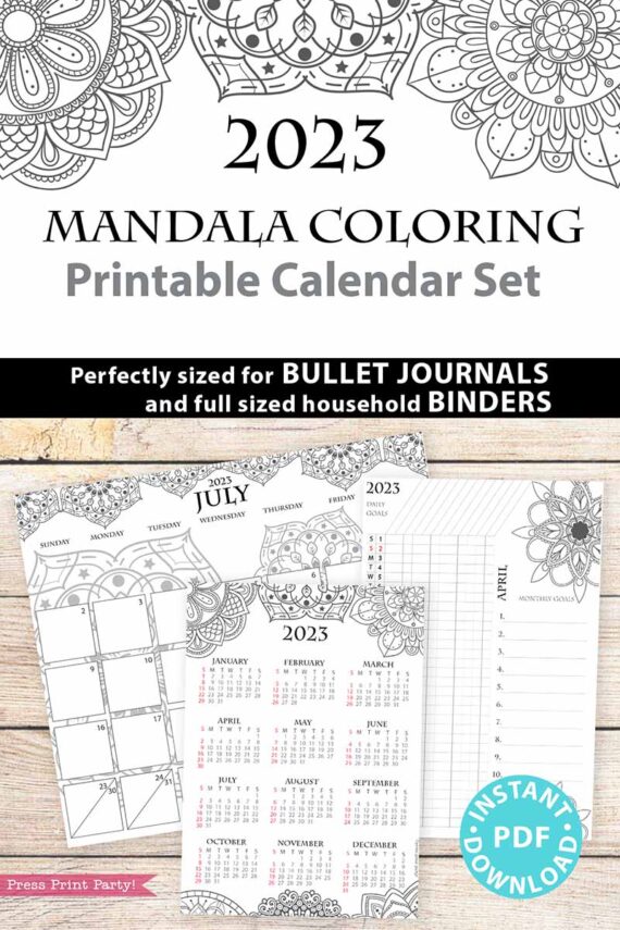 2023 Calendar Printable Bundle, Mandala Coloring, Bullet Journal Inserts, Monthly Calendar, Daily Routine Tracker, INSTANT DOWNLOAD