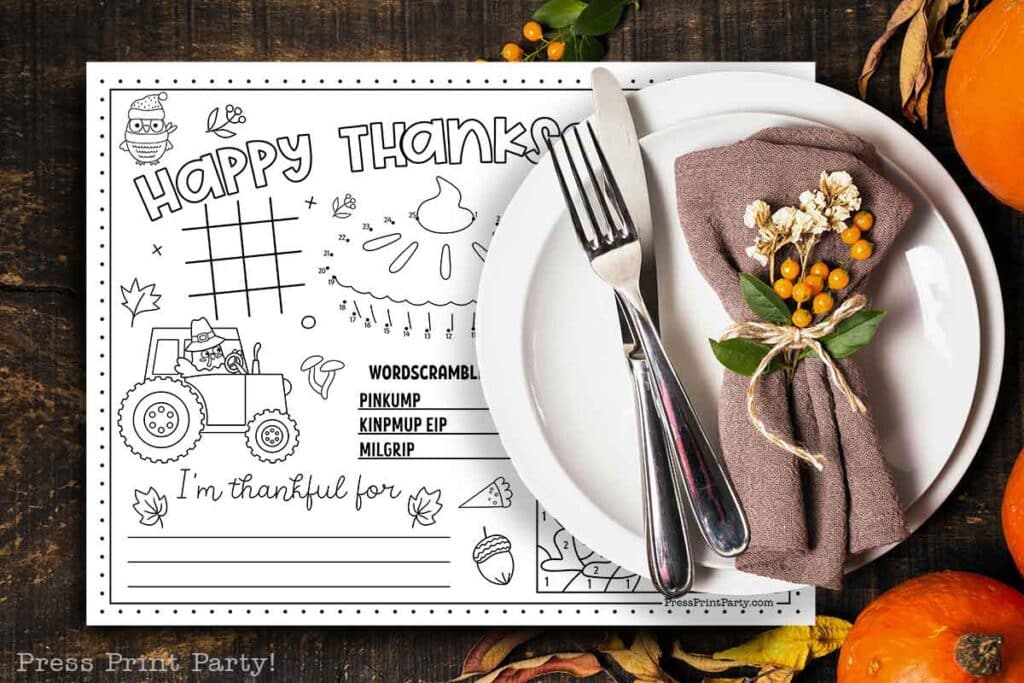 3 Thanksgiving Coloring Placemats Free Printable for kids activity letter size 85x11 under plate on thanksgiving table Press Print Party