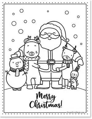 Merry Christmas santa with bear, snowman, reindeer, and snow bunny -Festive Free Coloring Pages for Christmas Printable Press Print Party