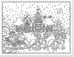 Santa in sleigh over village with snow with reindeersFestive Free Coloring Pages for Christmas Printable Press Print Party