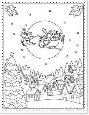 Santa in sleigh over village with snow -Festive Free Coloring Pages for Christmas Printable Press Print Party