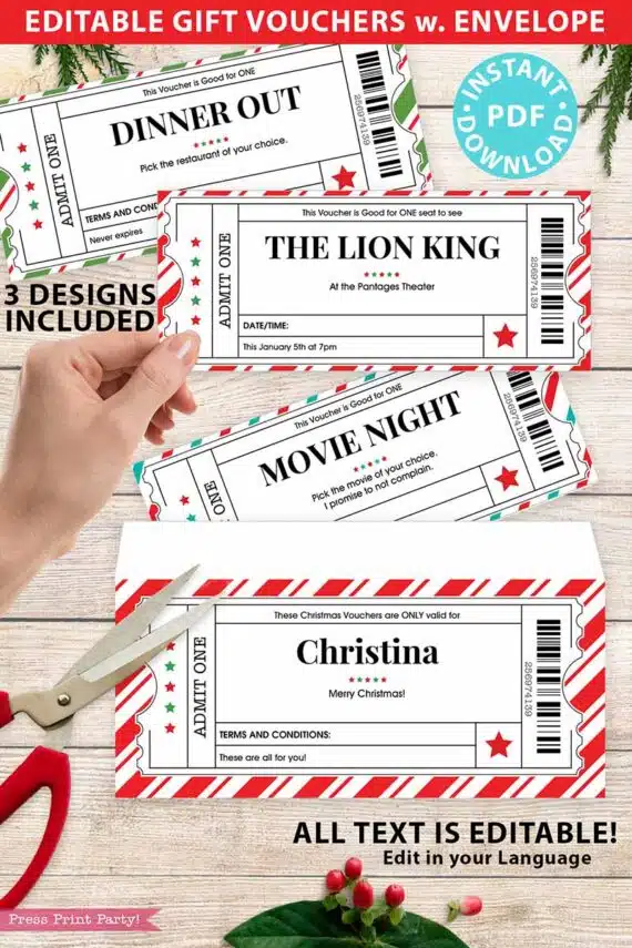 EDITABLE Christmas Voucher Template w. Envelope, Christmas Coupons Printable, Event Ticket Template, Gift Voucher, INSTANT DOWNLOAD Press Print Party