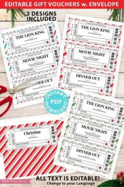 EDITABLE Christmas Voucher Template w. Envelope, Christmas Coupons Printable, Event Ticket Template, Gift Voucher, INSTANT DOWNLOAD Press Print Party