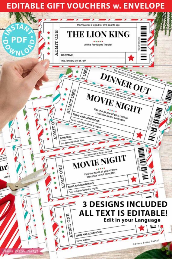 EDITABLE Christmas Voucher Template w. Envelope, Christmas Coupons Printable, Event Ticket Template, Gift Voucher, INSTANT DOWNLOAD Press Print Party