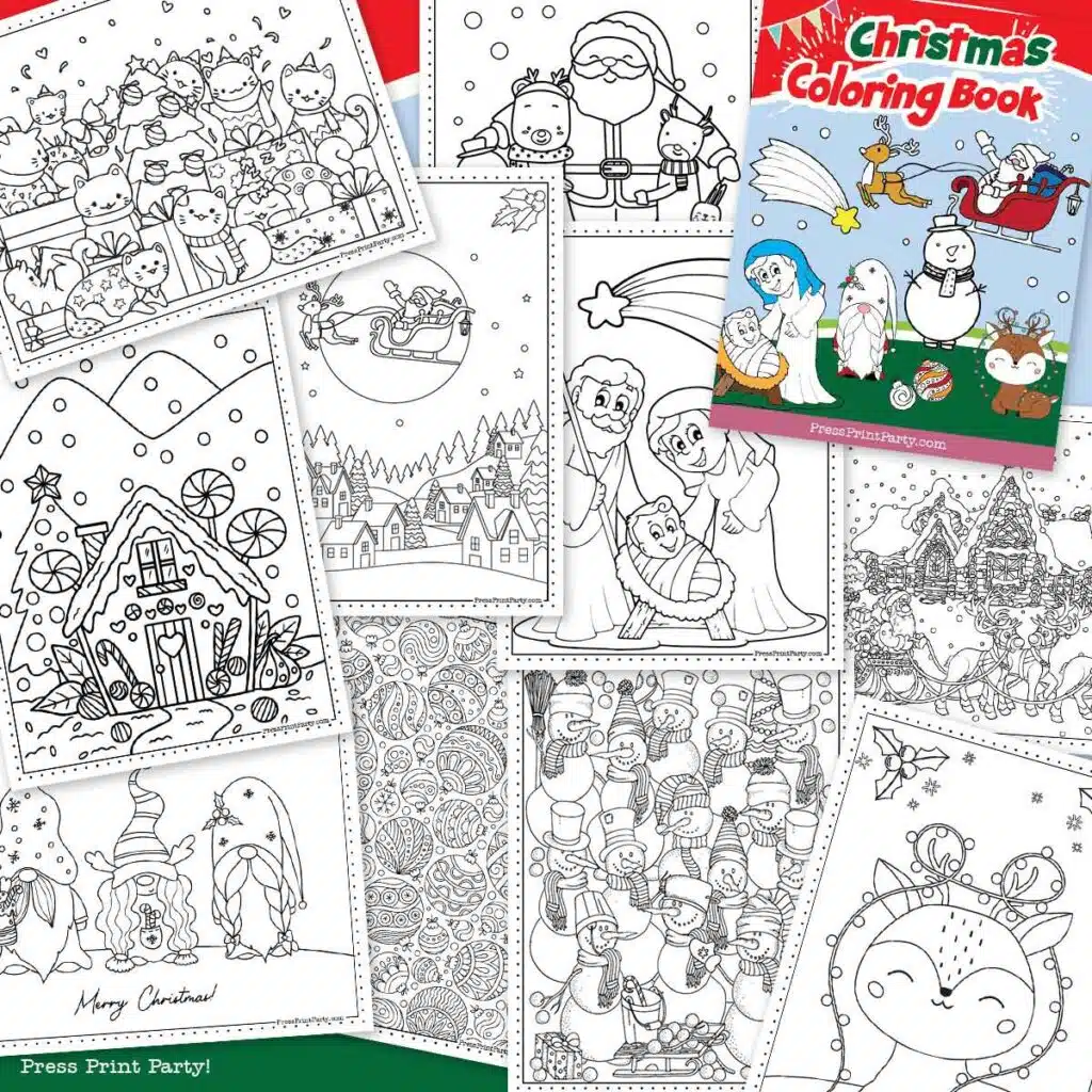 Festive Free Coloring Pages for Christmas Printable Now Santa coloring, jesus mary joseph, gnomes, reindeer, ornaments, snowman, coloring sheets press print party