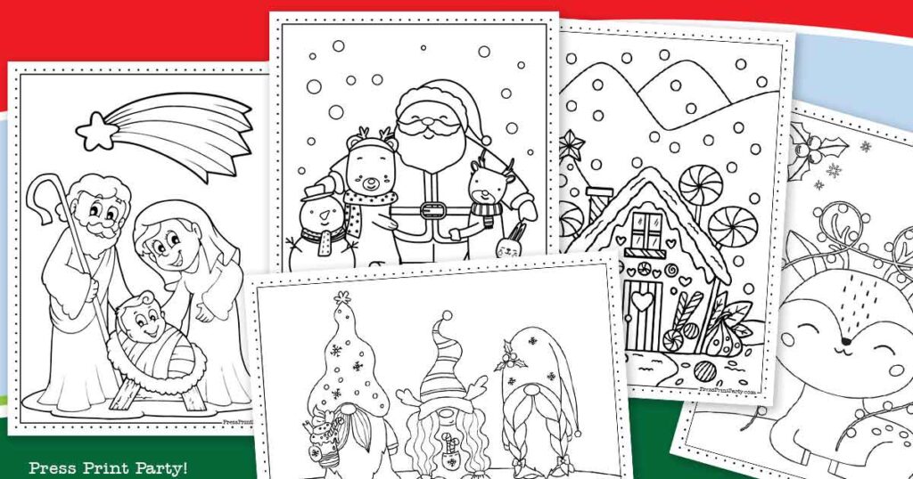 Festive Free Coloring Pages for Christmas Printable Now Santa coloring, jesus mary joseph, gnomes, reindeer coloring sheets, press print party