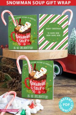 snowman soup printable kit wrap, snowman soup gift bag topper, snowman soup recipe with chocolate mix, candy cane and kisses. When the weather outside is frightful, snowman soup is so delightful. Press Print Party.