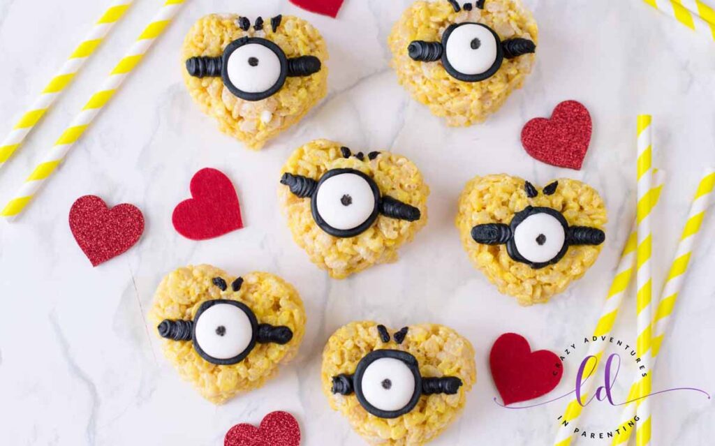 minions valentines rice krispies treats - Valentine Snack Ideas for Classroom parties at school - Press Print Party!