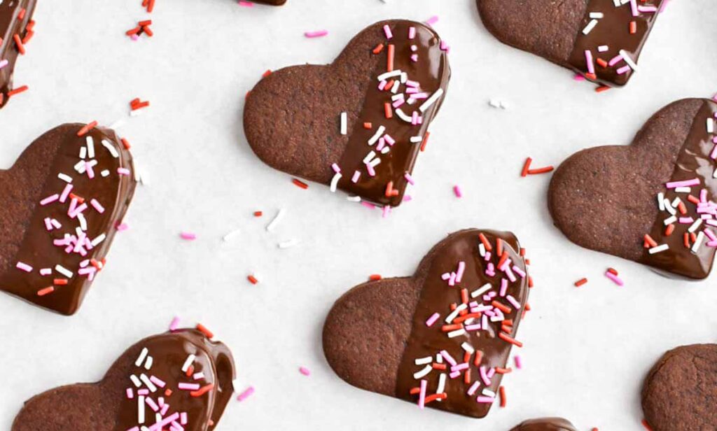 chocolate sugar cookies in heart shaped -Valentine Snack Ideas for Classroom parties at school - Press Print Party!