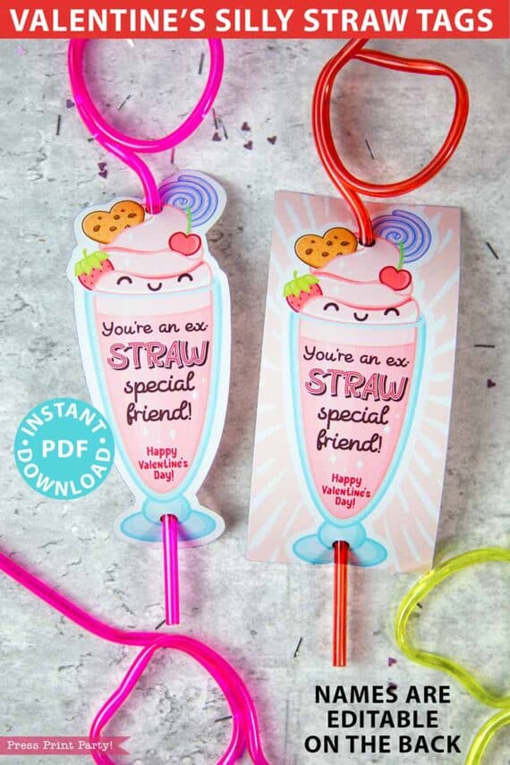 Silly straw valentine, Crazy Straw Valentines Cards Printable, Ex- Straw Special Friend, EDIT names, Kids Valentines Gifts, Classroom Valentine, INSTANT DOWNLOAD Press Print Party!