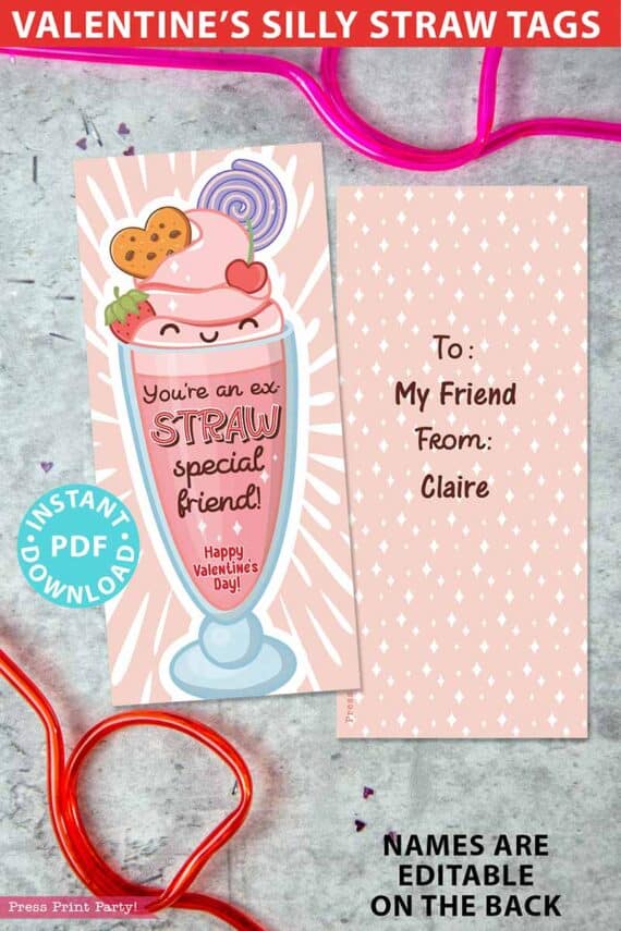 Silly straw valentine, Crazy Straw Valentines Cards Printable, Ex- Straw Special Friend, EDIT names, Kids Valentines Gifts, Classroom Valentine, INSTANT DOWNLOAD Press Print Party!