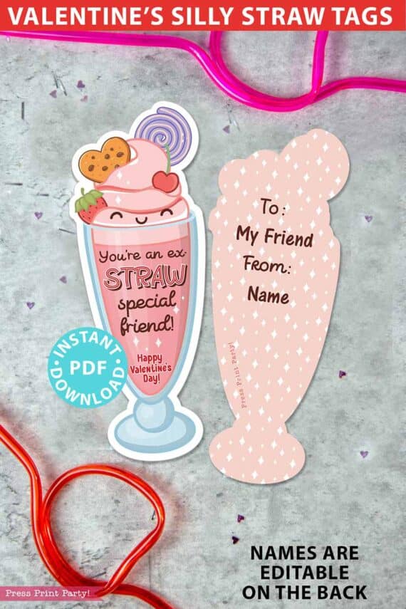 Silly straw valentine, Crazy Straw Valentines Cards Printable, Ex- Straw Special Friend, EDIT names, Kids Valentines Gifts, Classroom Valentine, INSTANT DOWNLOAD Press Print Party!