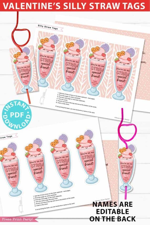 Silly straw valentine, Crazy Straw Valentines Cards Printable, Ex- Straw Special Friend, EDIT names, Kids Valentines Gifts, Classroom Valentine, INSTANT DOWNLOAD Press Print Party!