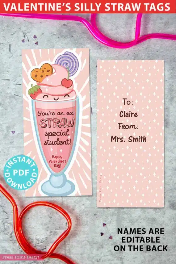 Silly straw valentine, Crazy Straw Valentines Cards Printable, Ex- Straw Special student, EDIT names, Kids Valentines Gifts, Classroom Valentine, INSTANT DOWNLOAD Press Print Party!