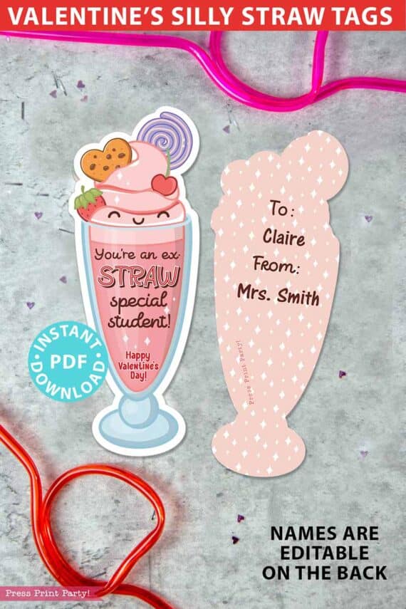 Silly straw valentine, Crazy Straw Valentines Cards Printable, Ex- Straw Special student, EDIT names, Kids Valentines Gifts, Classroom Valentine, INSTANT DOWNLOAD Press Print Party!