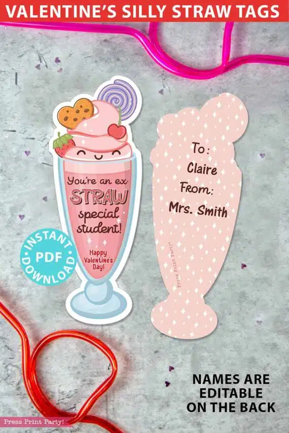 Silly straw valentine, Crazy Straw Valentines Cards Printable, Ex- Straw Special student, EDIT names, Kids Valentines Gifts, Classroom Valentine, INSTANT DOWNLOAD Press Print Party!