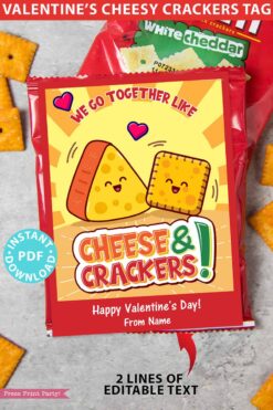 Valentine Cheese and Crackers Card Printable, Classroom Kids Valentines Tags, We Go together Like Cheese and Crackers, INSTANT DOWNLOAD press print party!