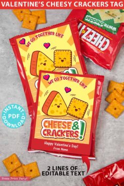 Valentine Cheese and Crackers Card Printable, Classroom Kids Valentines Tags, We Go together Like Cheese and Crackers, INSTANT DOWNLOAD press print party!