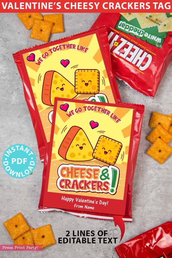 Valentine Cheese and Crackers Card Printable, Classroom Kids Valentines Tags, We Go together Like Cheese and Crackers, INSTANT DOWNLOAD press print party!