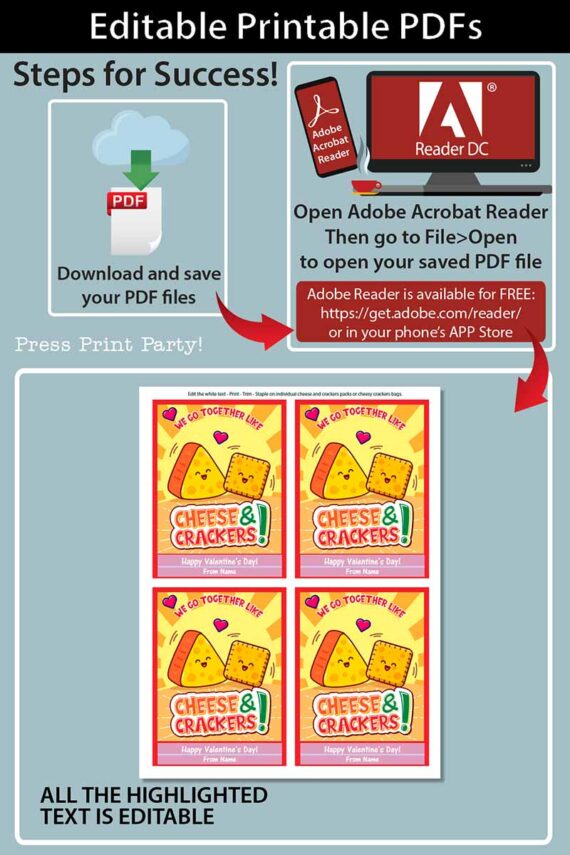 Valentine Cheese and Crackers Card Printable, Classroom Kids Valentines Tags, We Go together Like Cheese and Crackers, INSTANT DOWNLOAD press print party!