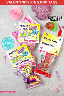 Ring Pop Valentine Cards Printable, Kids Valentines Cards, You're a Gem of a Friend, 2 designs, Classroom Valentines Tags, INSTANT DOWNLOAD Press Print Party