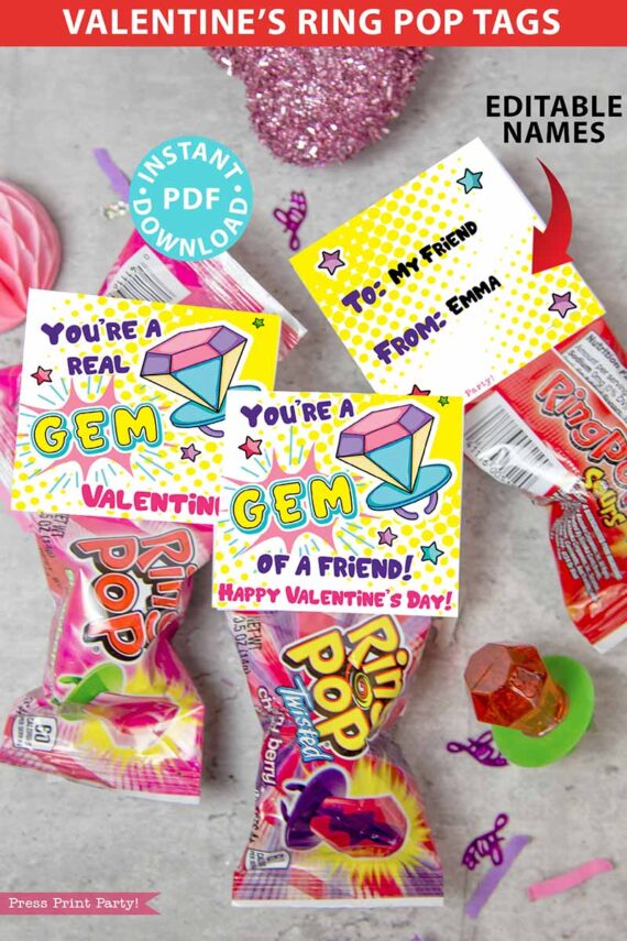 Ring Pop Valentine Cards Printable, Kids Valentines Cards, You're a Gem of a Friend, 2 designs, Classroom Valentines Tags, INSTANT DOWNLOAD Press Print Party