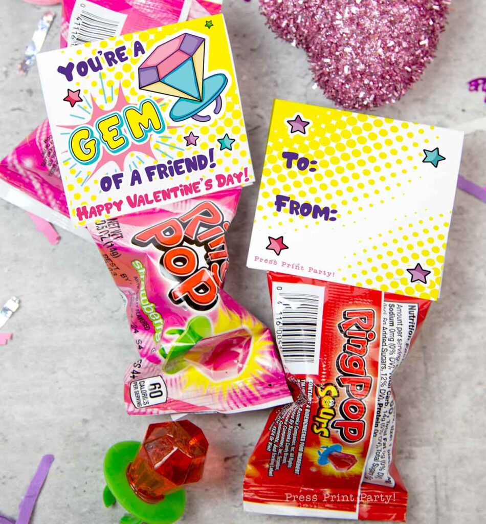 Free Ring Pop Valentines Printable Tag "You're a Gem of a Friend!" Valentine's day cards free printable for valentine's day - Press Print Party!
