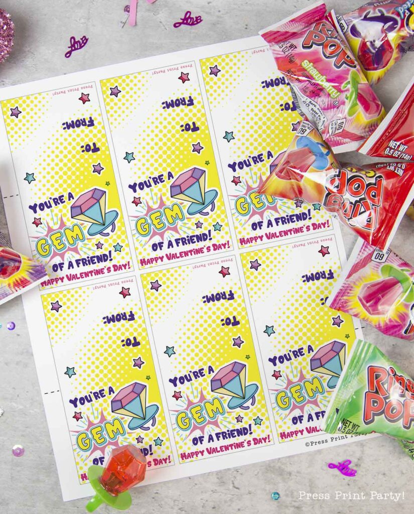 Free Ring Pop Valentines Printable Tag "You're a Gem of a Friend!" Valentine's day cards free printable for valentine's day - Press Print Party!