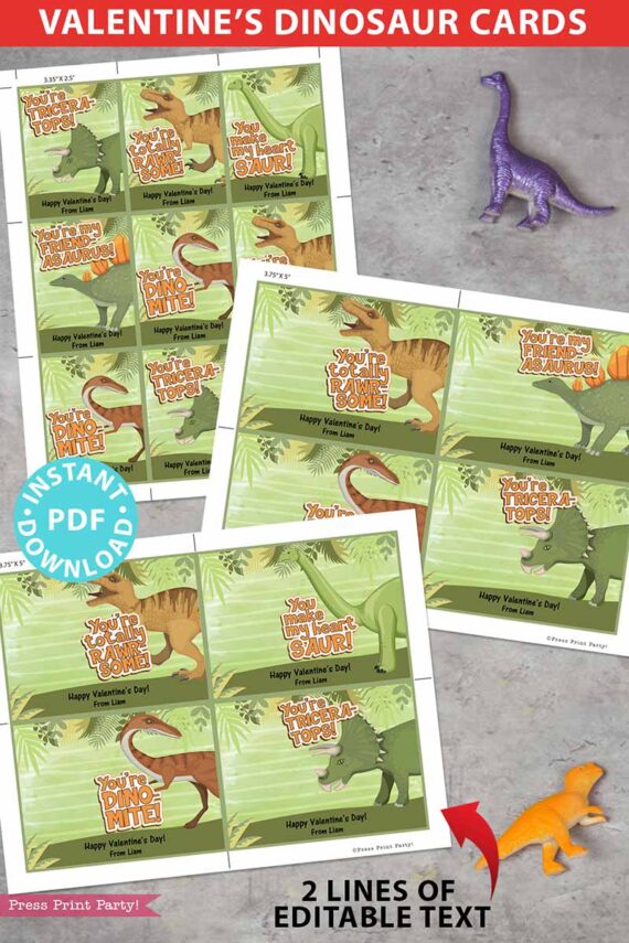 Dinosaur Valentine Cards Printable, Kids Valentines Cards, Classroom Valentines Tags for Boys, RoarSome, DinoMite, 2 Sizes, INSTANT DOWNLOAD Press Print Party!