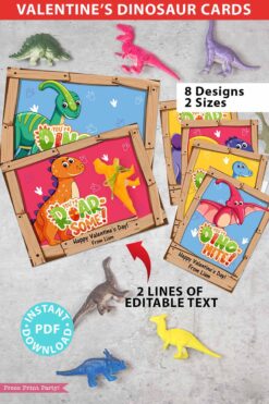 Dinosaur Valentine Cards Printable, Kids Valentines Cards, Classroom Valentines Tags, RoarSome, DinoMite, 2 Sizes, INSTANT DOWNLOAD Press Print Party!