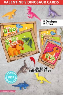Dinosaur Valentine Cards Printable, Kids Valentines Cards, Classroom Valentines Tags, RoarSome, DinoMite, 2 Sizes, INSTANT DOWNLOAD Press Print Party!