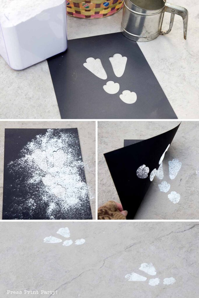 Process on how to make easter bunny tracks with stencil and flour. free printable easter bunny footprints and stencils in 2 sizes and 2 colors blue and pink. with Easter baskets on concrete floor in garden- Press Print Party!